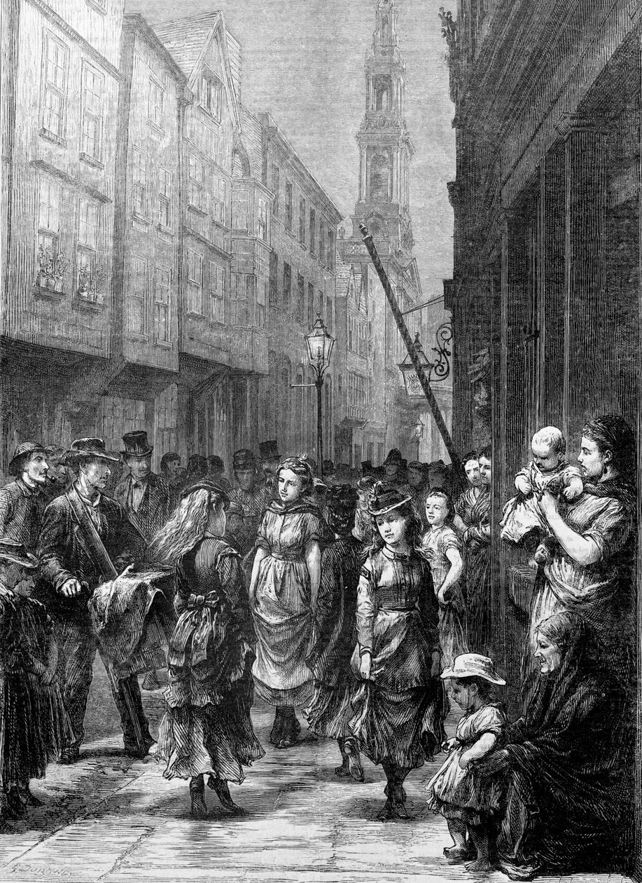 貿易のために踊る低俗な少女たち、Drury Lane、ウェストミンスター市、ロンドン、c1852-c1883 作： ギュスターヴ・ドレ