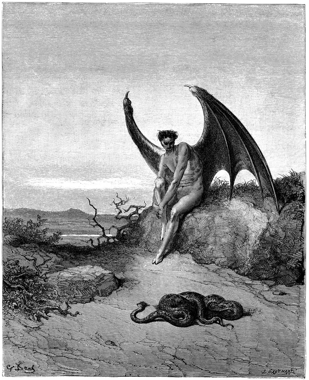 蛇と出会うルシファー（サタン、デチュ天使、天から地上に堕ちた）。ジョン・ミルトン（1608-1674）の『失楽園』のギュスターヴ・ドーアによる挿絵。1866年のエングレーヴィング。個人蔵 作： ギュスターヴ・ドレ
