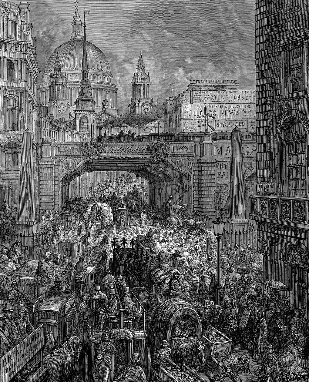 ラドゲート・ヒル」：ギュスターヴ・ドーレとブランシャール・ジェロルド・ロンドンより：ロンドン巡礼1872年。交通渋滞の光景、鉄道高架橋（中央）、セント・ポールのドーム。木版画 作： ギュスターヴ・ドレ