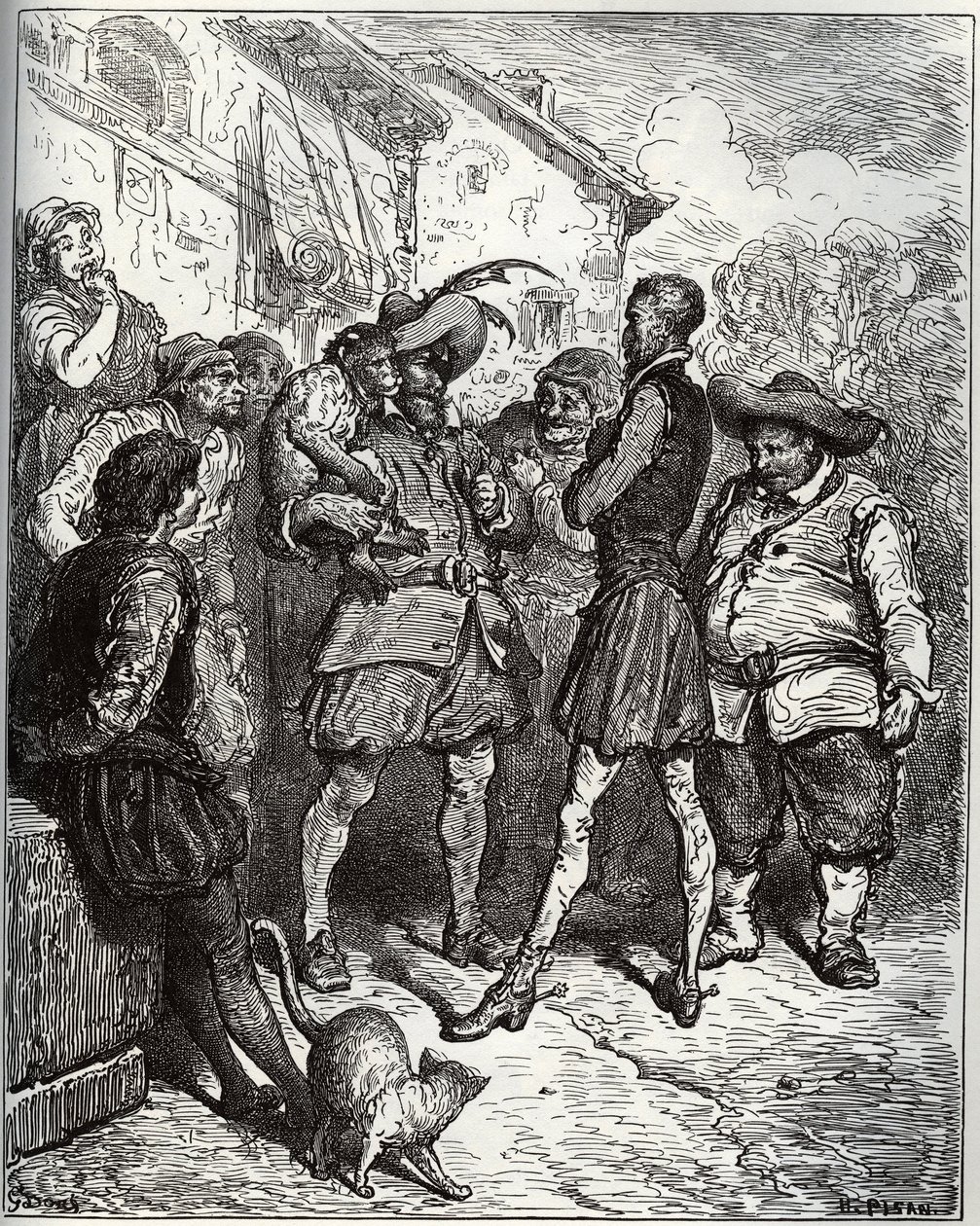 Maese Pedro and the fortune-telling apeak - from "Don Quixote de la Mancha" by Miguel Cervantes (1547-1616) (Don Quixote) - Gustave Doreのドローイングに基づく木版画。 作： ギュスターヴ・ドレ