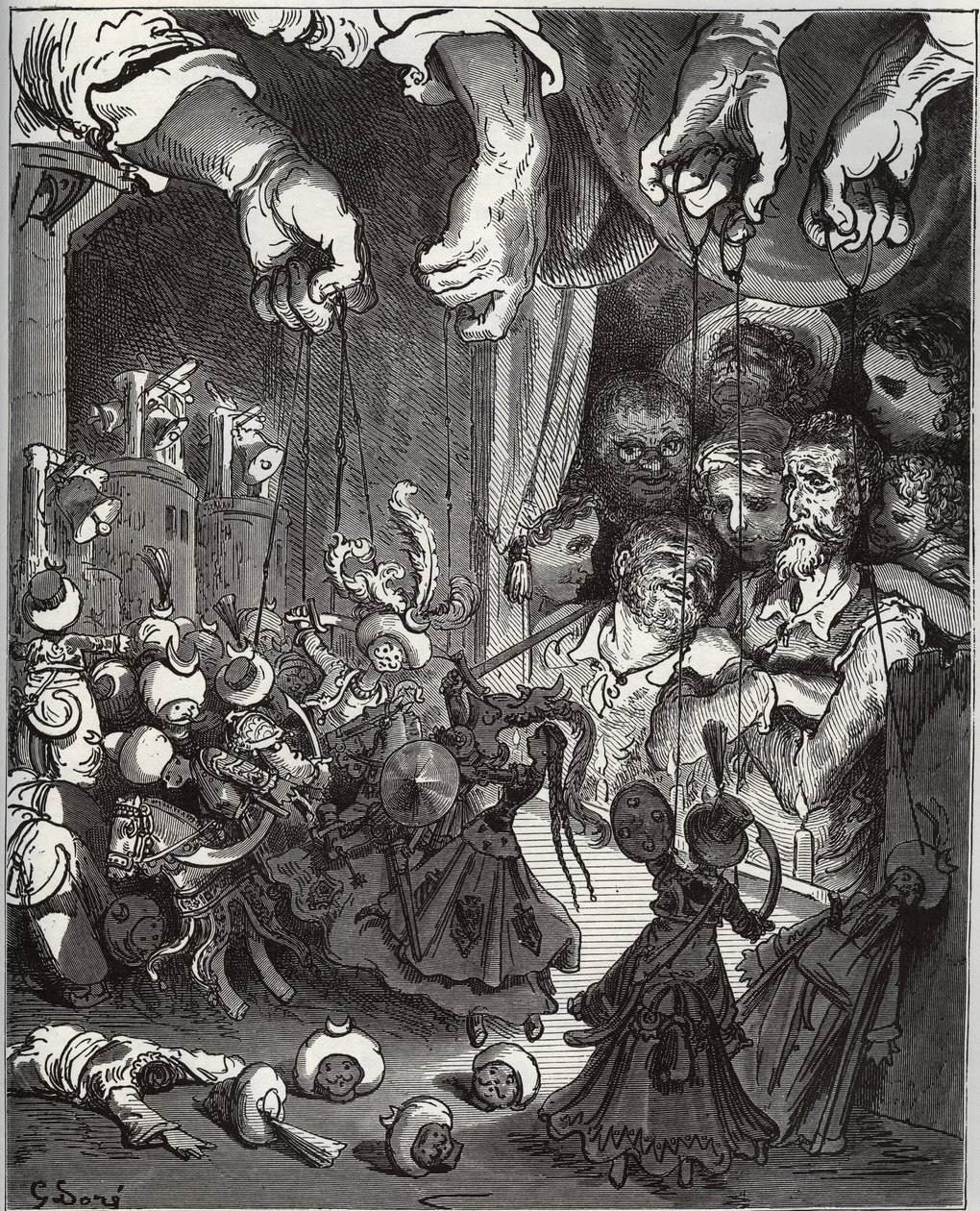 Maese Pedroの人形劇 - Miguel Cervantes (1547-1616)の「Don Quixote de la Mancha」より (Don Quixote) - Gustave Doreのドローイングに基づく木版画 作： ギュスターヴ・ドレ
