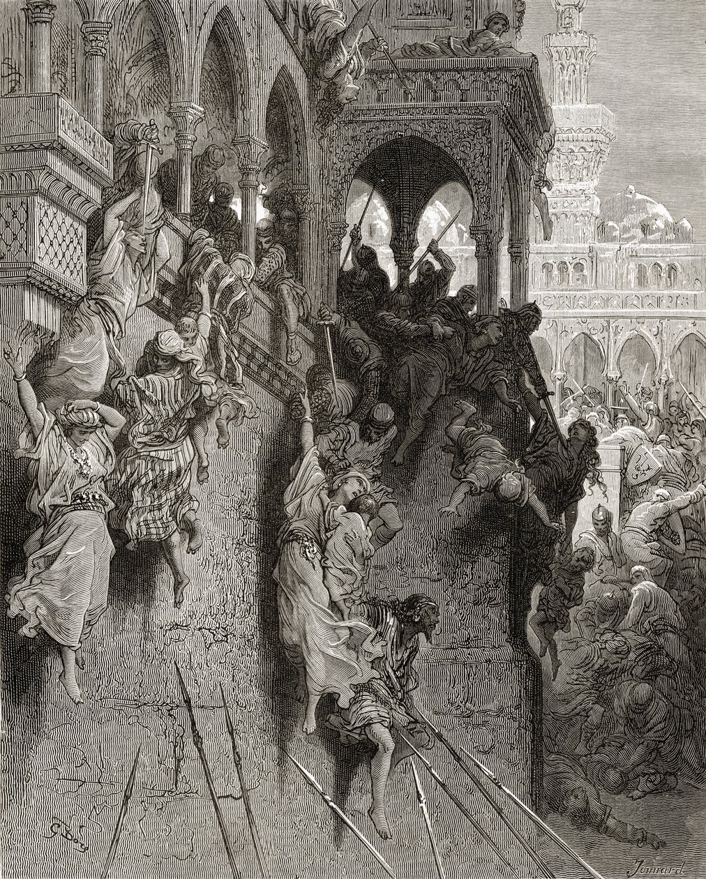 アンティオキアの虐殺、JFによる「Bibliotheque des Croisades」のイラスト。ミショー、1877 作： ギュスターヴ・ドレ
