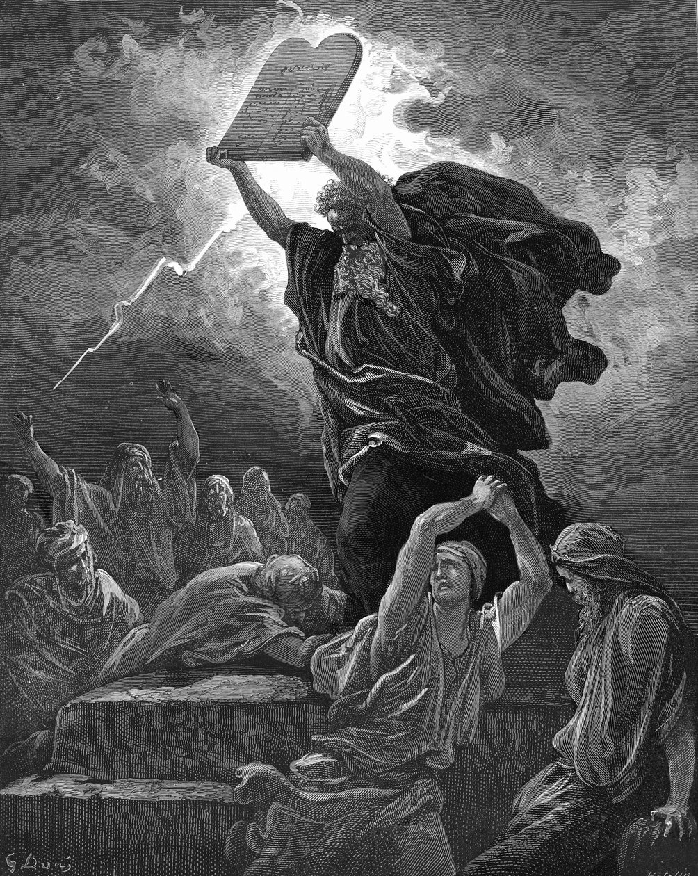 モーセが律法の石板を割る様子を彫刻したもの。- 聖書 作： ギュスターヴ・ドレ