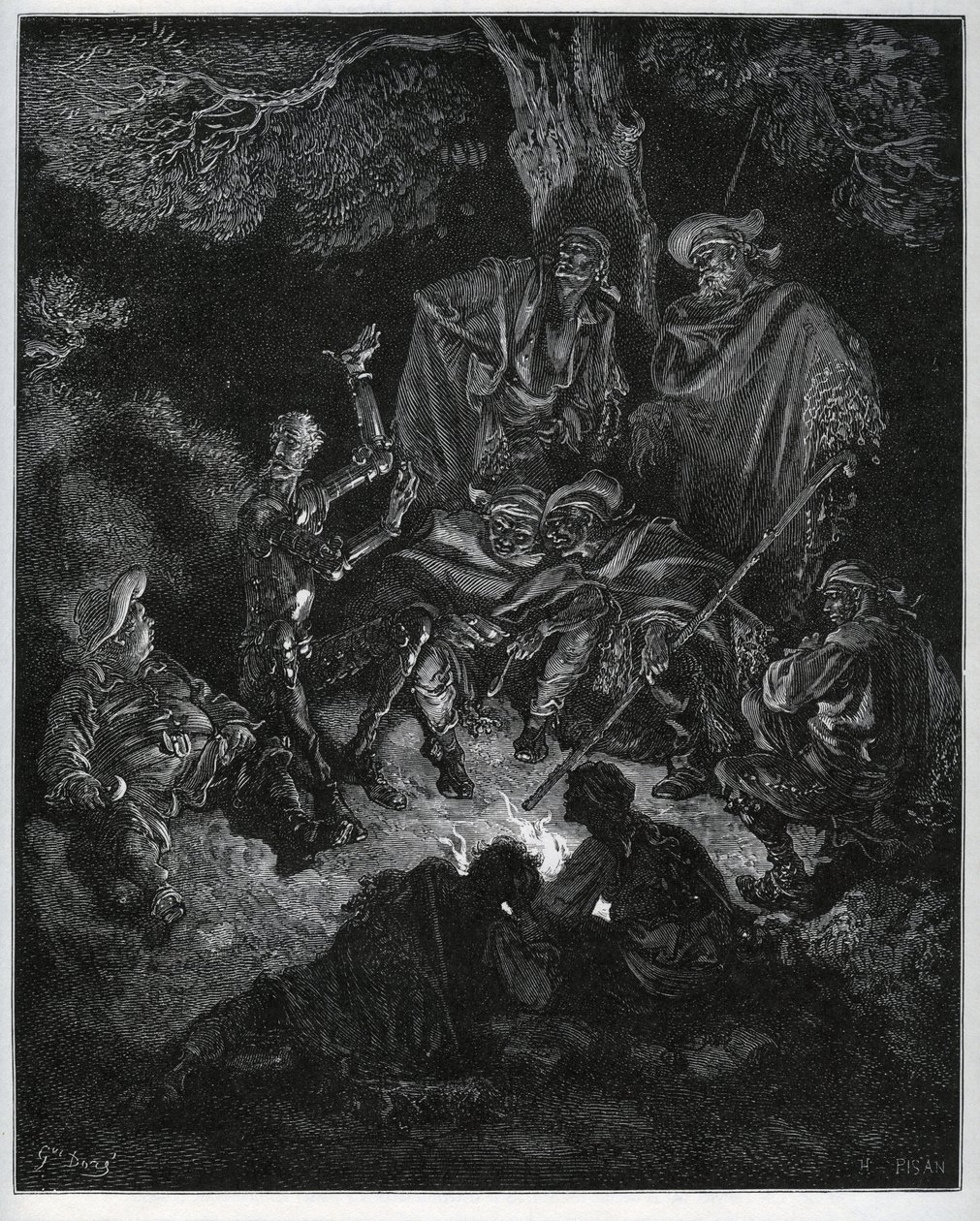 ドン・キホーテがヤギとサンチョ・パンサに世界の話をする夜の光 - Miguel Cervantes (1547-1616) の「Don Quixote de la Mancha」（ドン・キホーテ）より - Gustave Doreの絵の後に木版で描かれたもの。 作： ギュスターヴ・ドレ