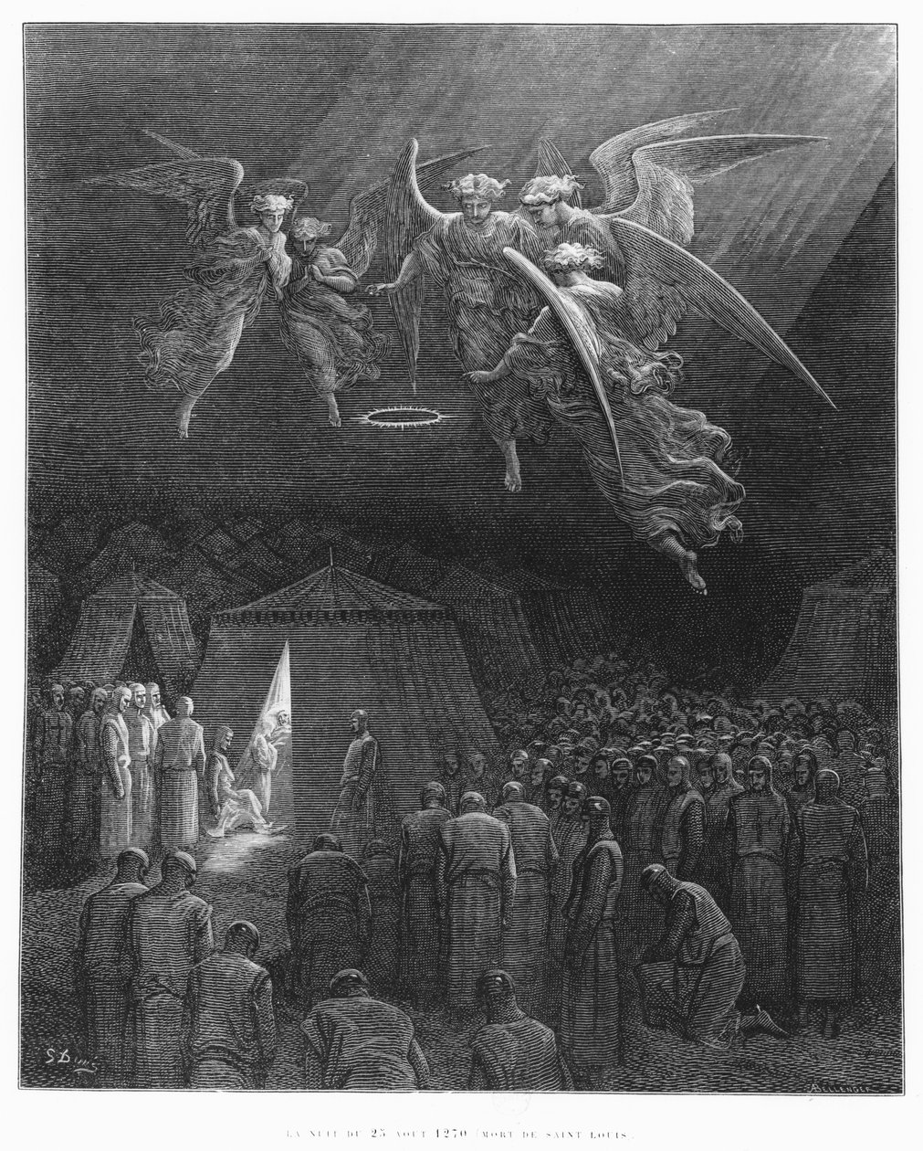 1270年8月25日の夜、セントルイスの死（1214-70）、ジョセフミショー（1767-1839）による「クロワセデスの歴史」のイラスト、アルベールベレンジャー（b.1846）1877 作： ギュスターヴ・ドレ