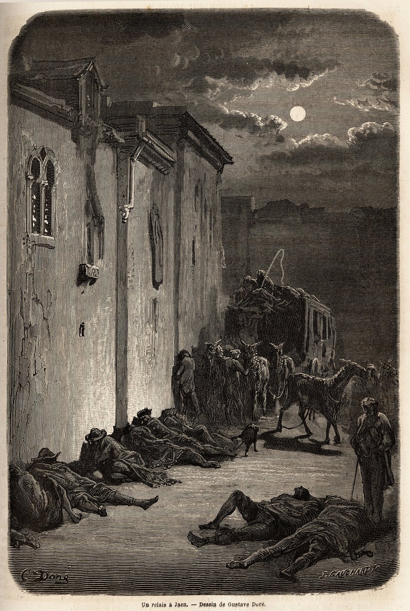 ハエンのリレーでの一夜。Gustave Dore (1832-1883)が1862年にCh.Davillierと行ったスペイン旅行を説明するために描いたもの。エドゥアール・シャルトン編『世界一周』に掲載されている図版 作： ギュスターヴ・ドレ
