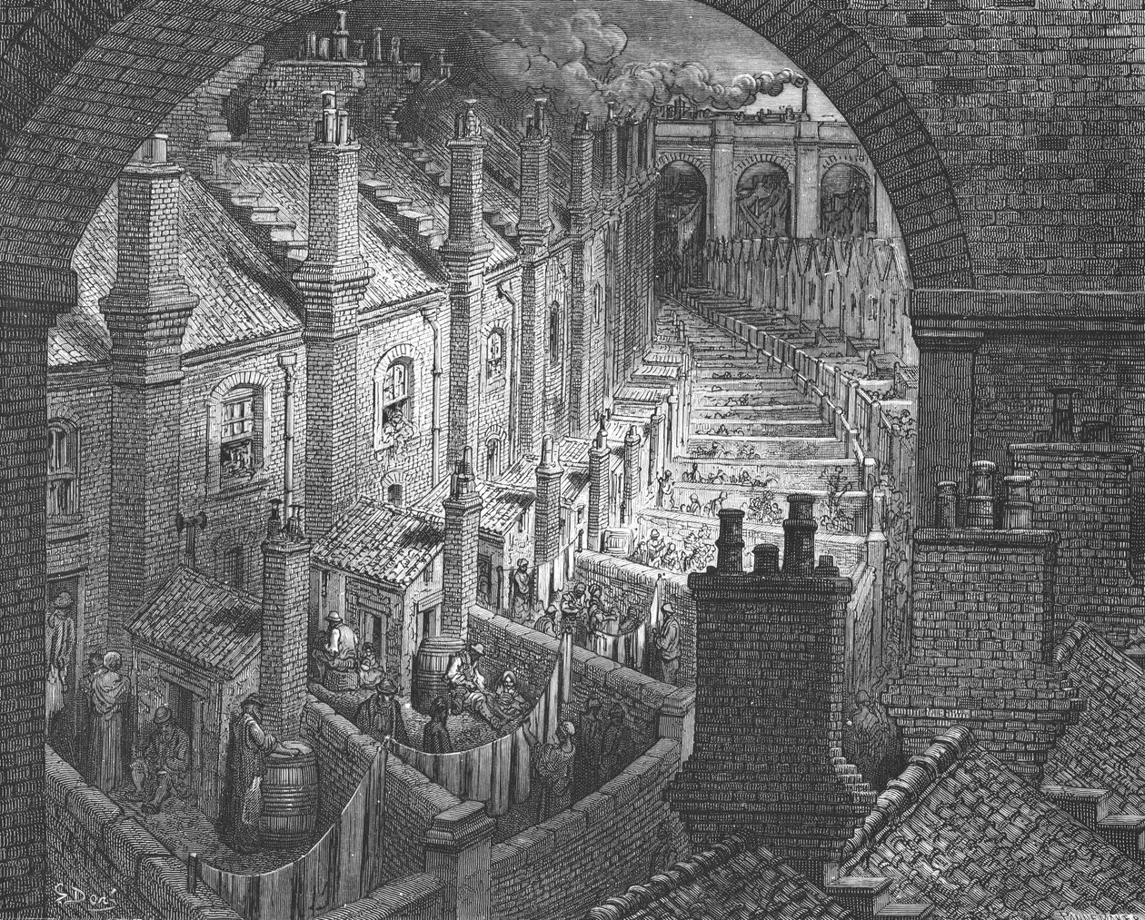 「ロンドン上空 - 鉄道で」、1872 年。 作： ギュスターヴ・ドレ
