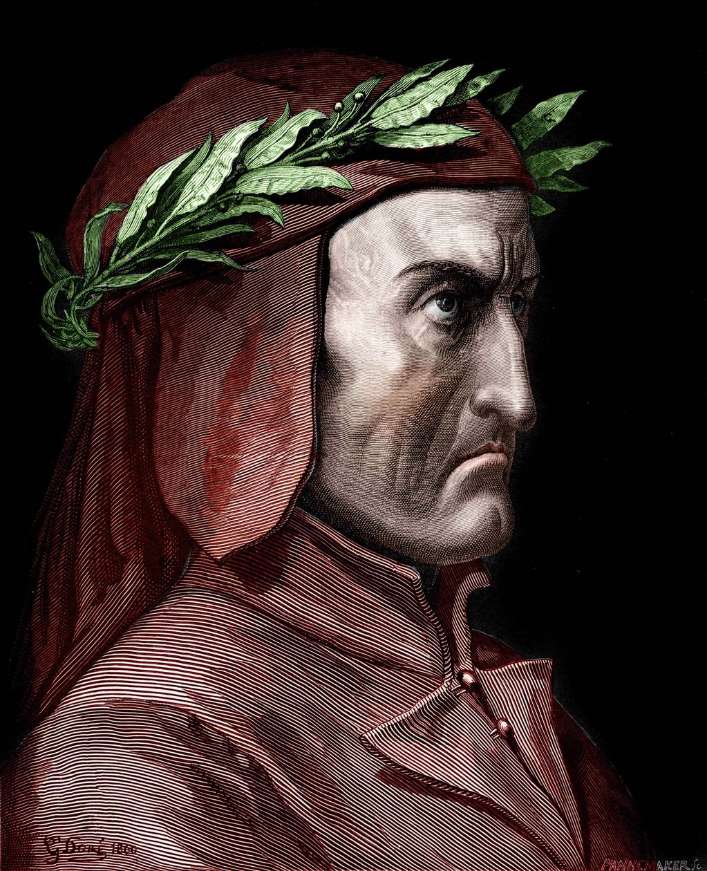 イタリアの作家、ダンテ・アリギエリ（1265-1321）の肖像。ギュスターヴ・ドレによる1860年のエングレーヴィング。 作： ギュスターヴ・ドレ