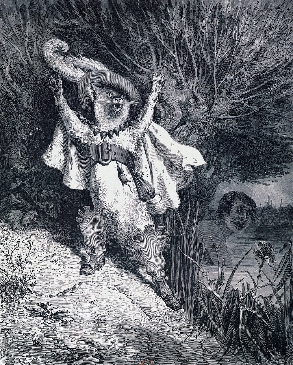シャルル・ペロー（1628-1703）の童話にギュスターヴ・ドーア（1832-1883）が描いた「長靴をはいた猫」。 作： ギュスターヴ・ドレ