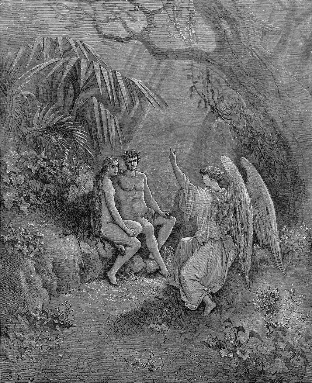 ラファエルはアダムとイブに話します。ジョンミルトンズパラダイスロストのイラスト、1866年 作： ギュスターヴ・ドレ