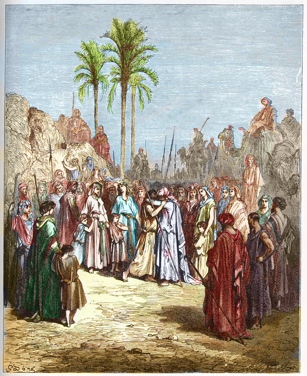 ヤコブとエサウの和解 - ヤコブとエサウの和解 Genese, XXXIII, 4 - - Gustave Dore (1832-1883) の "The Bible illustree" からのエングレーヴィング - "The Dore Bible" からのエングレーヴィング 作： ギュスターヴ・ドレ