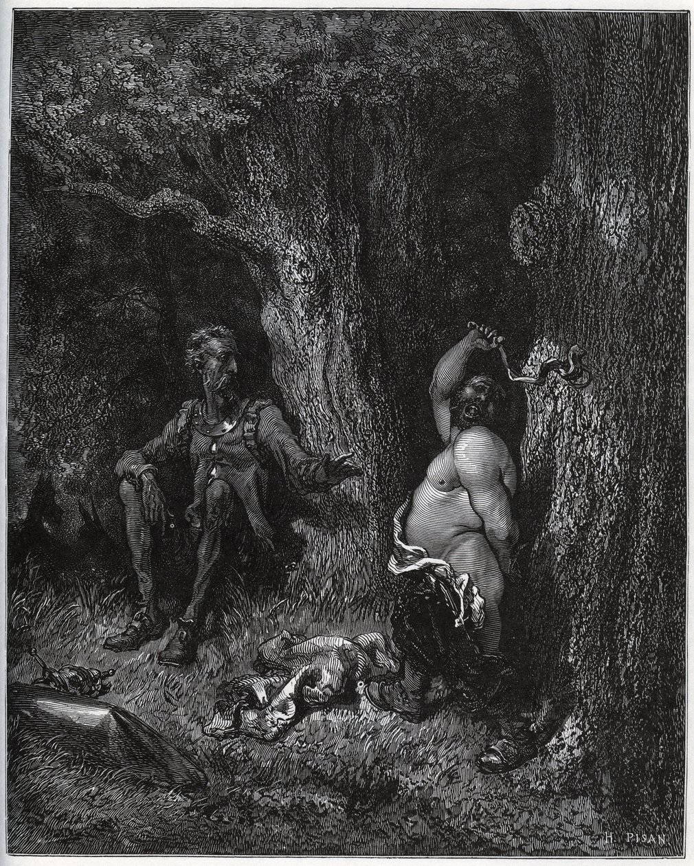 Sancho Panza fliegt vor Don Quixote, um Merlins Wunsch zu erfüllen und Dulcinea von Toboso zu entzaubern. Don Quixote drängt ihn, seine Leidenschaft zu mäßigen - aus „Don Quixote de la Mancha“ von Miguel Cervantes (1547-1616) - Holzschnitt von Gustave Dore