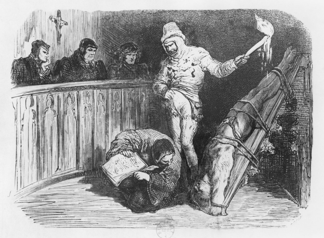 異端審問の場面、ミシェル・エイケム・ド・モンテーニュ（1533-92）による「エッセイ」のイラスト（彫刻）（bw写真） 作： ギュスターヴ・ドレ