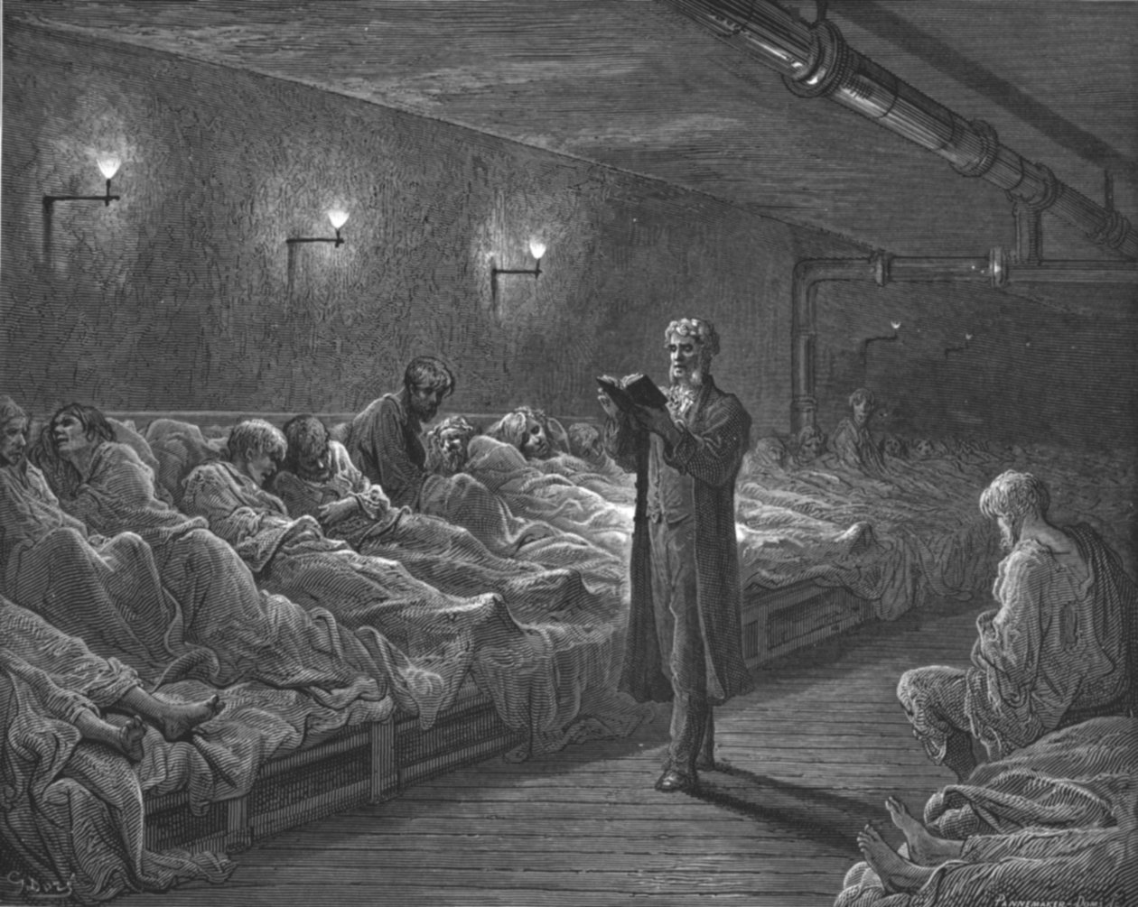 「夜の避難所で聖書を読む人」、1872 年。 作： ギュスターヴ・ドレ