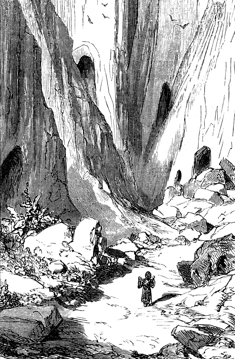Sindbad der Seefahrer - Märchen aus Tausendundeiner Nacht - Illustration von Gustave Doré - Maxwell-Ausgabe 1865 - Zweite Reise: Sindbad entdeckt ein Tal mit Diamanten, das jedoch von Riesenschlangen bewohnt wird von Gustave Dore