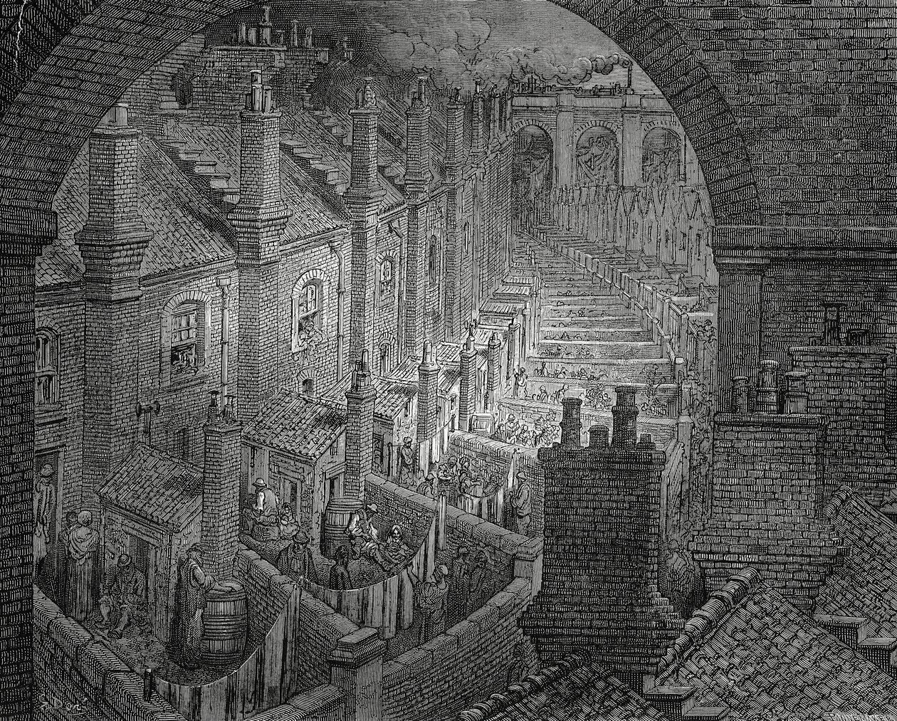 ロンドンのスラム街」ギュスターヴ・ドーア（1832-1883）の版画 作： ギュスターヴ・ドレ