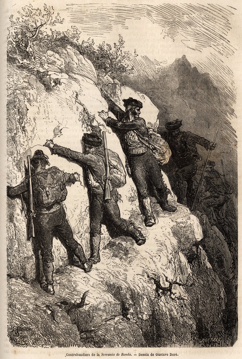 ロンダのセラニアからの密入国者。Gustave Dore (1832-1883)が1862年にCh.Davillierと行ったスペイン旅行を説明するために描いたもの。エドゥアール・シャルトン編集の「世界旅行」に掲載されている図版。 作： ギュスターヴ・ドレ