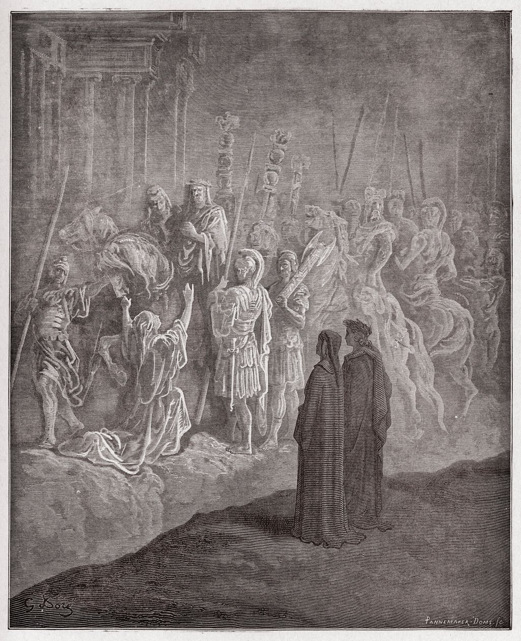 神曲』（La Divina Commedia, La Divine Comedie）、『プルガトリオ』（Purgatorio）、第10曲：誇りを描いた大理石の彫刻 - ダンテ・アリギエーリ（1265-1321）作 - ギュスターヴ・ドーア（1832-1883）画 作： ギュスターヴ・ドレ