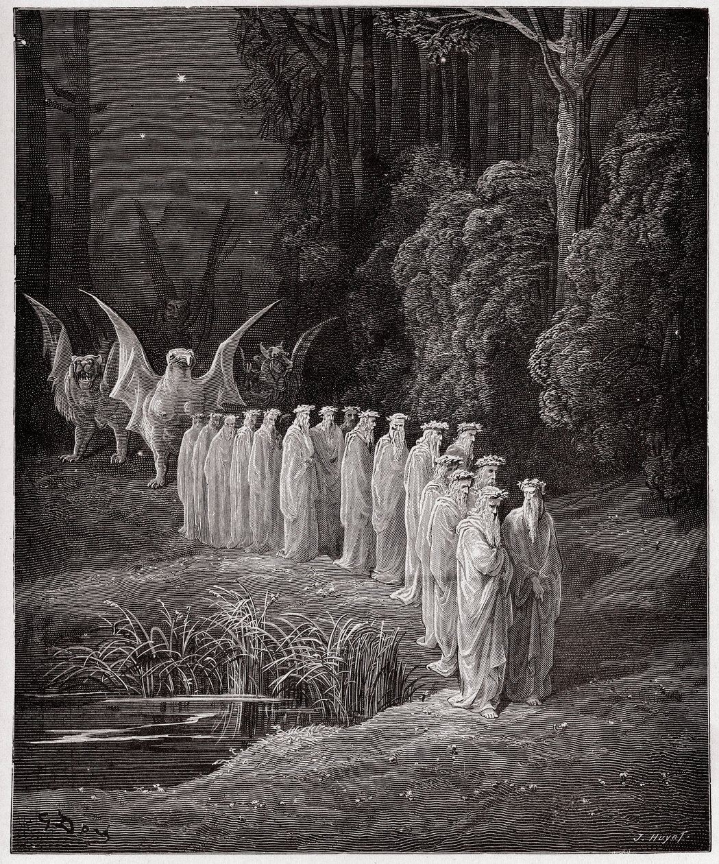 神曲』（La Divina Commedia, La Divine Comedie）、『プルガトリオ』（Purgatorio）、カント29：終末論的な行列をする24人の長老たち - ダンテ・アリギエリ（1265-1321）作 - ギュスターヴ・ドーア（1832-1883）絵 作： ギュスターヴ・ドレ