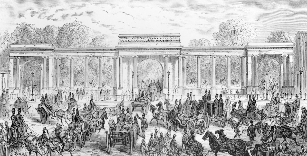1872年にA.ドムスによって彫刻された、ウィリアムブランチャードジェロルズによって書かれた「ロンドン、巡礼」からのハイドパークへの入り口 作： ギュスターヴ・ドレ
