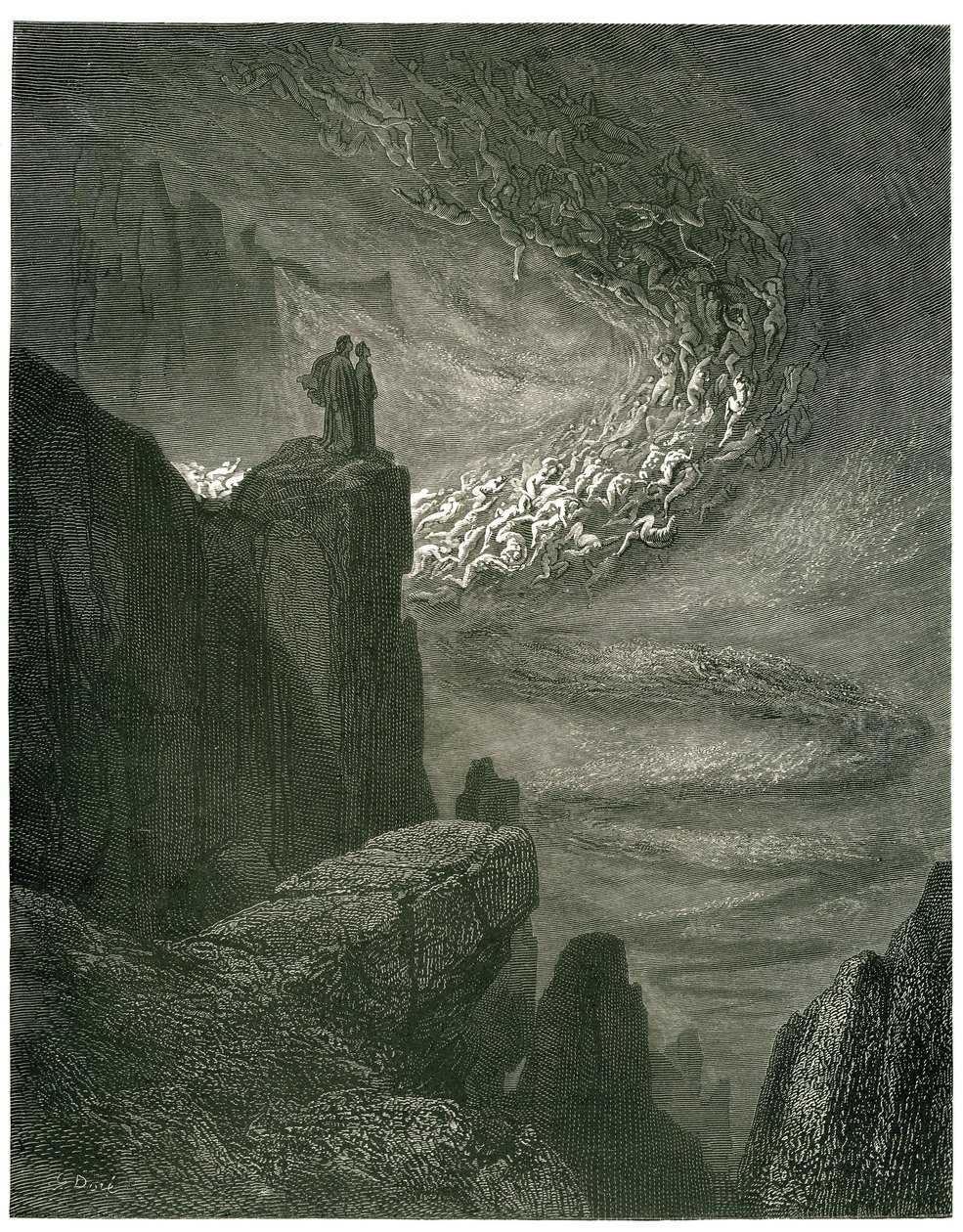 ギュスターヴ・ドーアが挿絵を描いたダンテ・アリギエーリの地獄（神曲）。1861年のフランス版。「La bufera infernal, che mai non resta/Mena gli spirti con la rapina.(決して止むことのない地獄のハリケーンは、霊魂をその渦に引き込む）"、 作： ギュスターヴ・ドレ