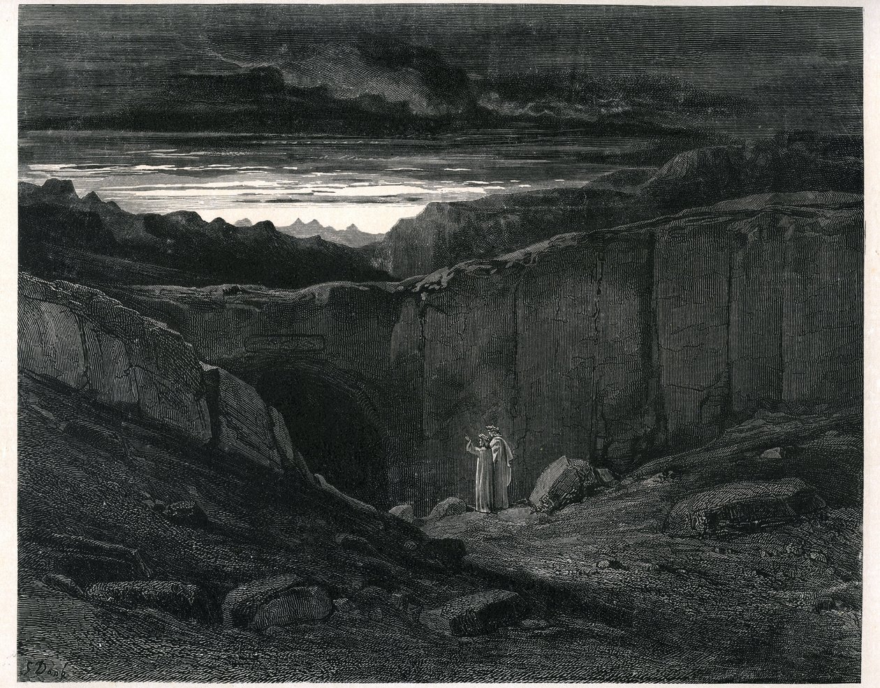 ギュスターヴ・ドーアが挿絵を描いたダンテ・アリギエーリの地獄（神曲）。1861年のフランス版。地獄の入り口でのダンテとバージル："Lasciate ogni speranza, voi che 