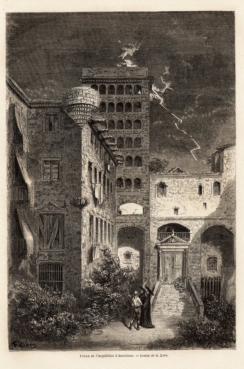 バルセロナの異端審問所、ギュスターヴ・ドーア（1832-1883）が1862年にC.ダヴィリエと行ったスペイン旅行の説明のために描いたもの。エドゥアール・シャルトン編『世界一周』に掲載されている図版 作： ギュスターヴ・ドレ