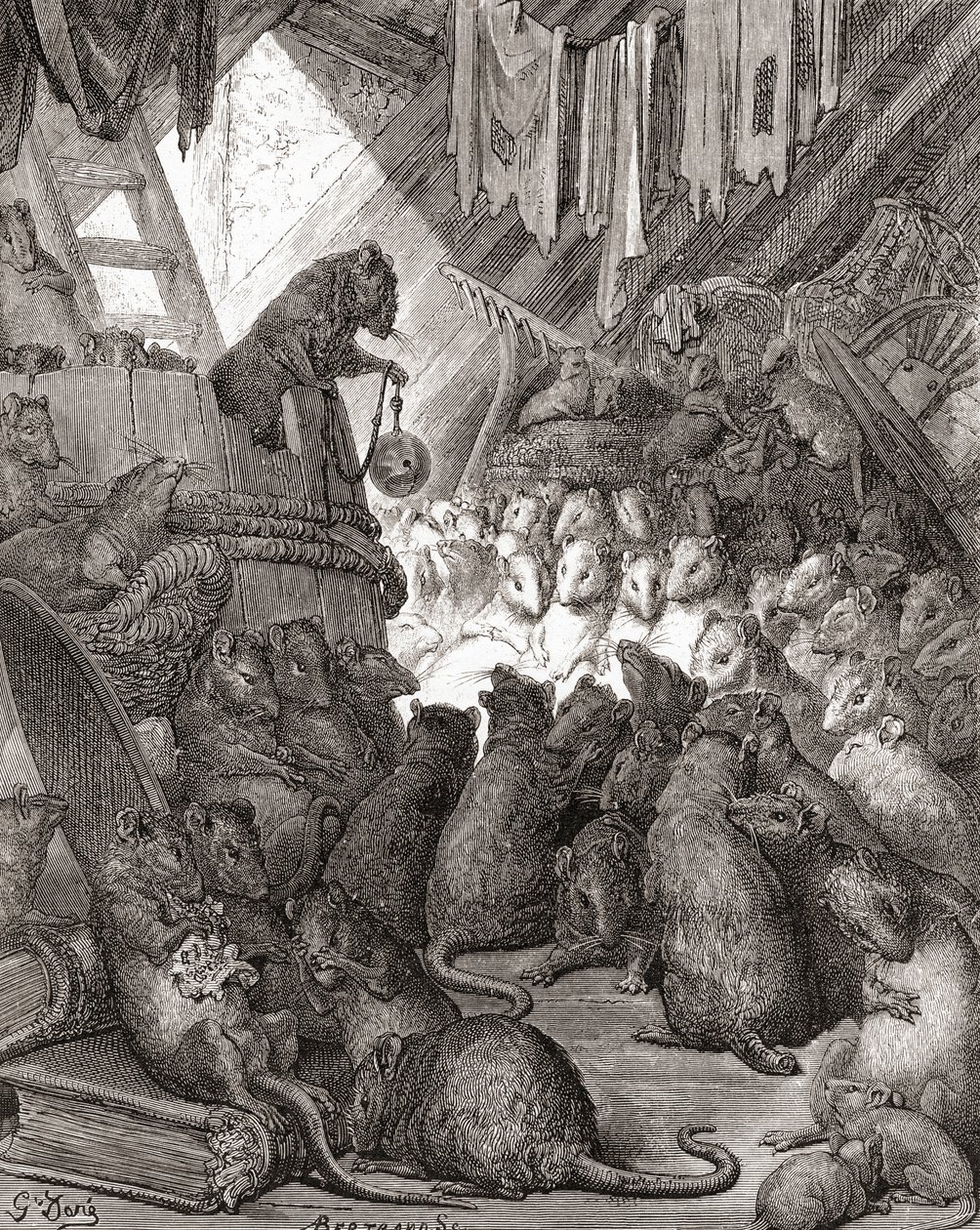 19世紀後半に出版された「Fables de La Fontaine」に収録されている「The Mice in Council」（木版画）で、「Belling the Cat」や「The Bell and the Cat」というタイトルでも知られている。 作： ギュスターヴ・ドレ