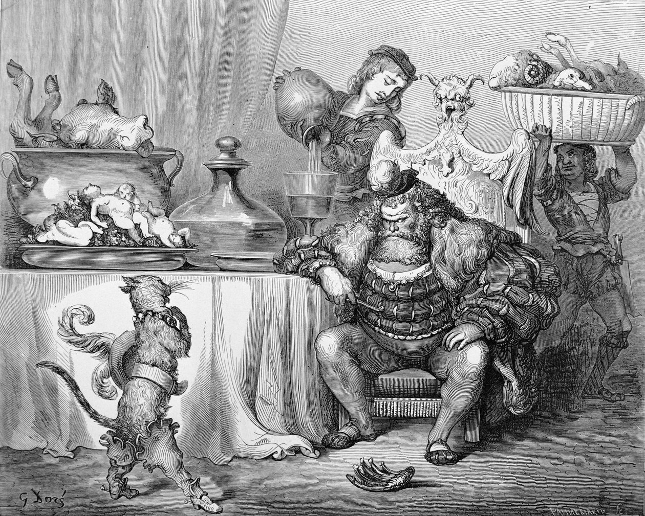 鬼が猫を受け取る、チャールズ・ペロー（1628-1703）1883年の「ブーツの小娘」のイラスト 作： ギュスターヴ・ドレ
