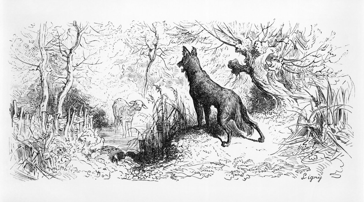 「狼と羊」、ジャン・デ・ラ・フォンテーヌ作「寓話」（1621〜95年）、1868年のイラスト 作： ギュスターヴ・ドレ