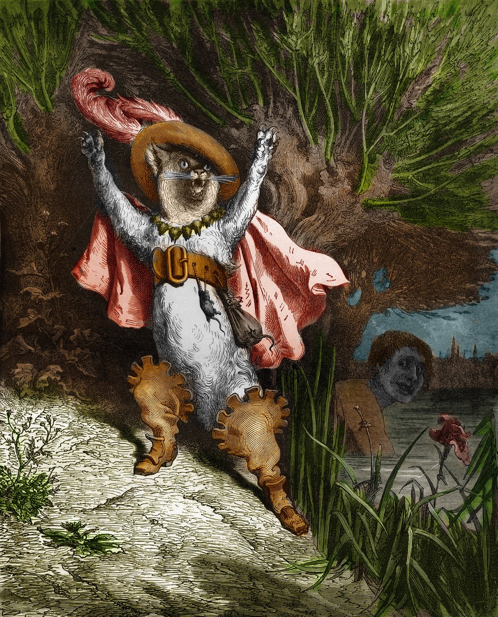長靴を履いた猫が助けを求めます。シャルル・ペロー（1628-1703）の「物語」よりギュスターヴ・ドーア（1832-1883）の版画。 作： ギュスターヴ・ドレ