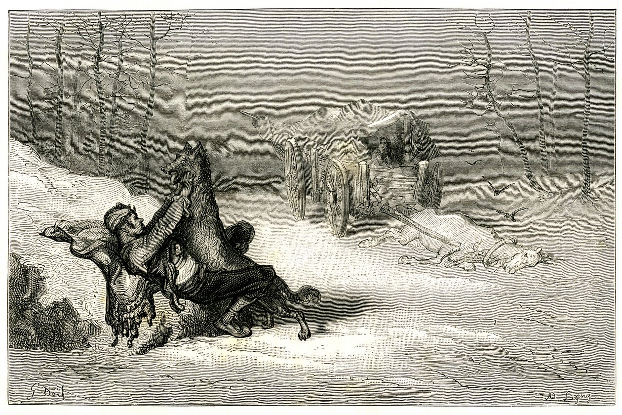 Der Bandit Agostin wird von einem Wolf angegriffen, in der Nähe des toten Pferdes, das noch im Wagen liegt, verlassen von Komödianten oder versteckt das kleine Chiquita. Gravur von Gustave Doré, die Théophile Gautiers Roman „Le capitaine Fracasse“ illustri von Gustave Dore