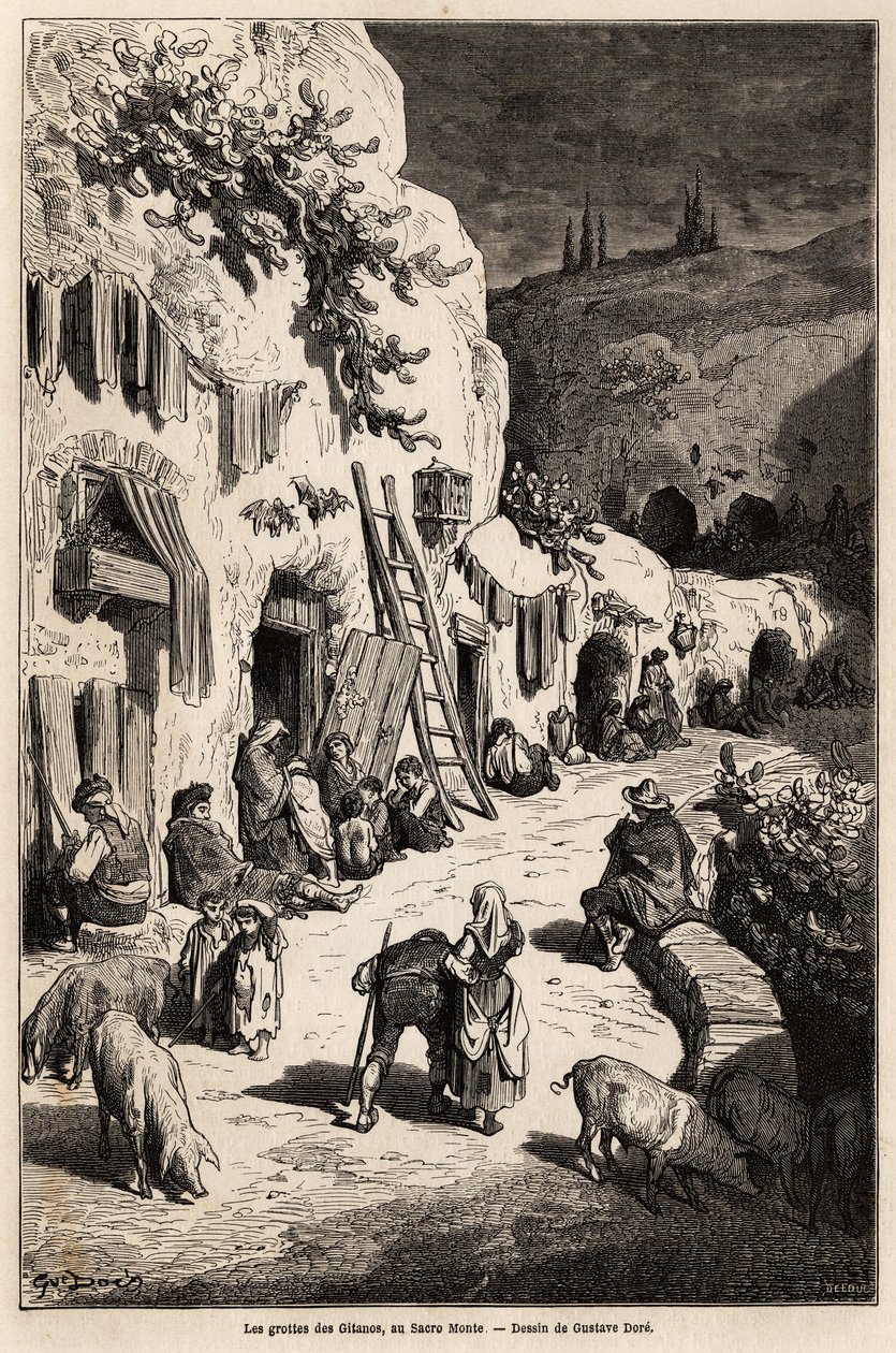 グラナダのサクロモンテにあるジプシーの洞窟（地下の家）。Gustave Dore (1832-1883)が1862年にCh.Davillierを伴ってスペインを訪れた際に描いたもの。エドゥアール・シャルトン編集の「世界旅行」に掲載されている図版 作： ギュスターヴ・ドレ