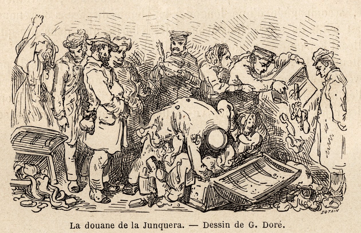 ジュンケラ（カタルーニャ州とジェローナ県の間にある都市）の風習。ギュスターヴ・ドーレ（1832-1883）が1862年にC.ダヴィリエと行ったスペイン旅行の図解として描いたもの。エドゥアール・シャルトン編集の「世界旅行」に掲載されている図版 作： ギュスターヴ・ドレ