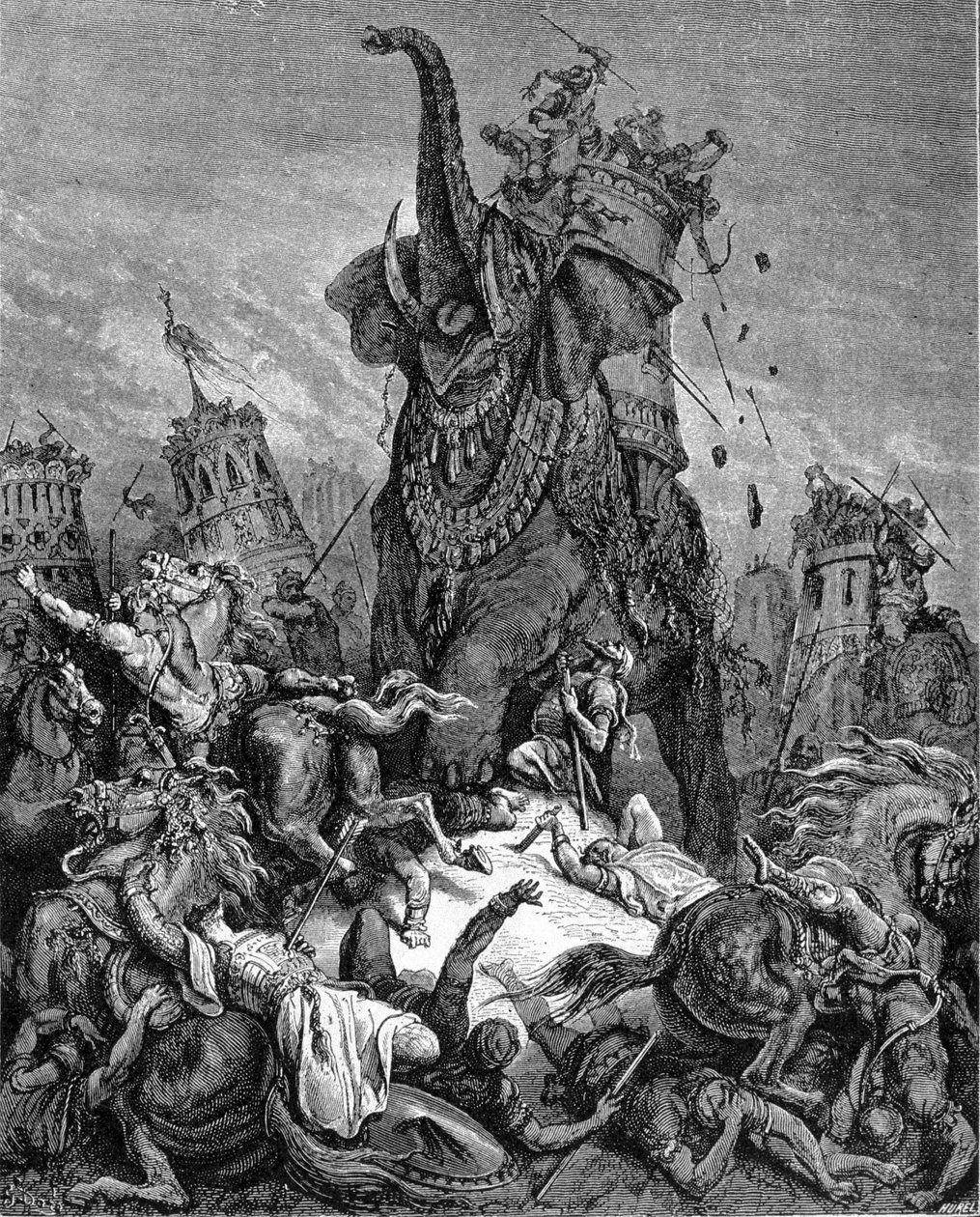 Der Tod von Eleazar Makkabäus, junger Bruder von Judas Makkabäus, unter der Herrschaft von Antiochos IV. Epiphanes (175-164 v. Chr.). Er wird von einem Elefanten zerquetscht. „Die Bibel“ illustriert von Gustave Doré. Gravur des 19. Jahrhunderts. von Gustave Dore