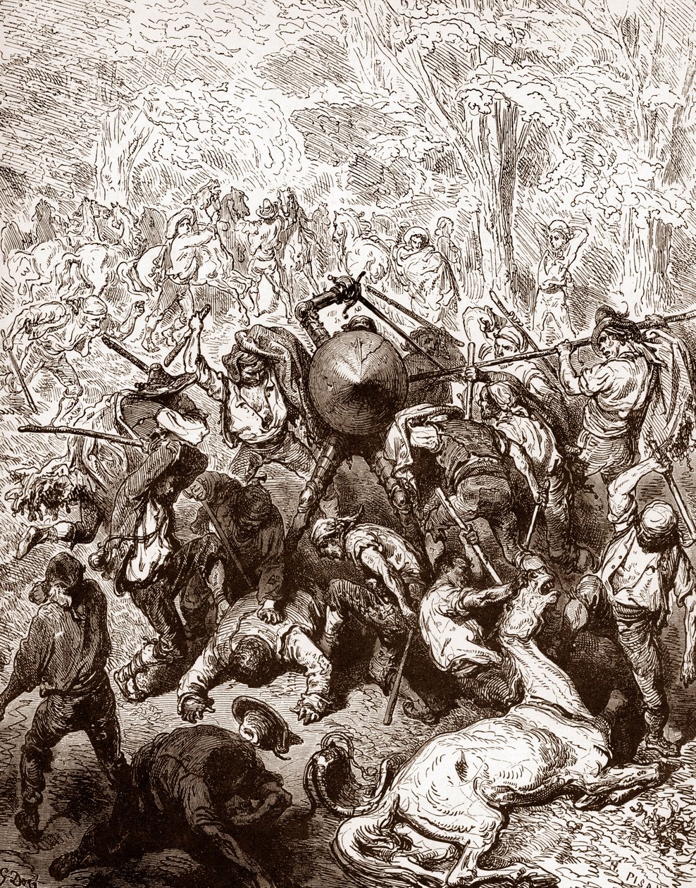 Taistelu Gustave Doren (1832-1883) Yanguas-kaiverruksen muleteerejä vastaan Miguel de Cervantesin (1547-1616) "The Ingenieux Hidalgo Don Quixotte de la Manche (Quixotte - Quijote)" 1863 Yksityinen kokoelma 作： ギュスターヴ・ドレ