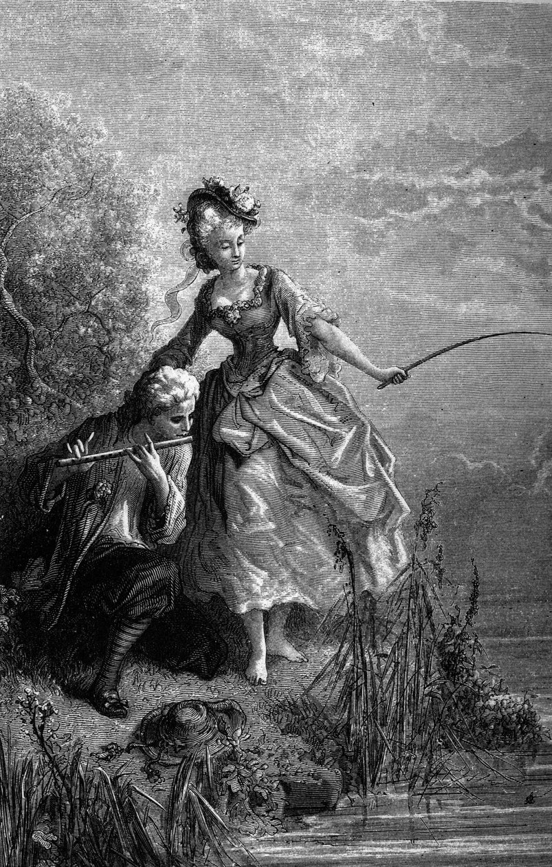 笛を吹く魚と羊飼いの姿。笛の音がエサになっている。ジャン・ド・ラ・フォンテーヌ（1621-1695）の寓話。挿絵はギュスターヴ・ドーア。 作： ギュスターヴ・ドレ
