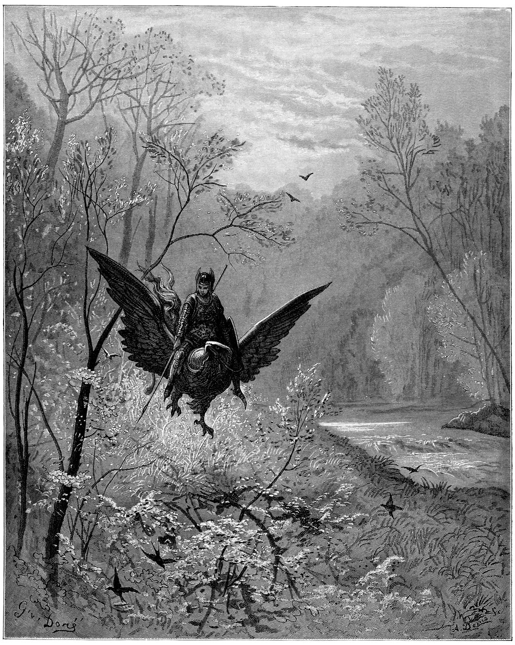 騎士ルッジェーロ（ロジェ、ルッジェーロ）が登ったヒッポクリフは、笑いの絶えない地方に到着する - ルドヴィコ・アリオスト（1474-1533）dit l