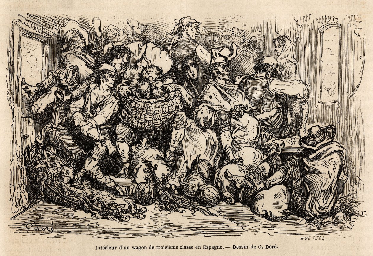 Gustave Dore（1832-1883）が1862年にC.Davillierと行ったスペイン旅行を描くために描いた、スペインの三等馬車の内部。エドワード・シャルトン編『世界一周』に掲載されている図版 作： ギュスターヴ・ドレ