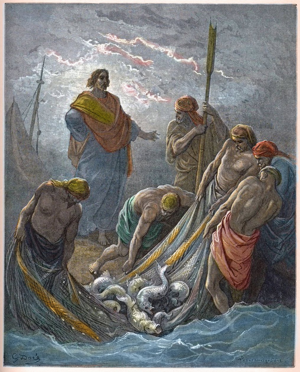 奇跡の魚群 - 奇跡の釣り - - Gustave Dore (1832-1883) による "The Bible illustree" のエングレービング - "The Dore Bible" のエングレービング 作： ギュスターヴ・ドレ