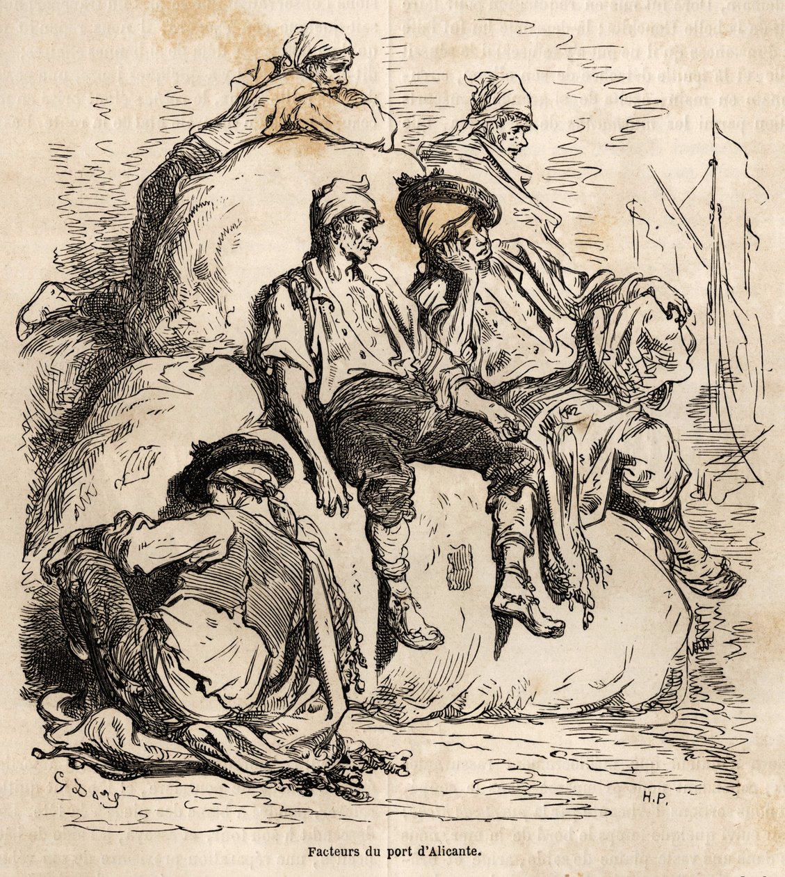 Gustave Dore（1832-1883）が1862年にCh.Davillierと行ったスペイン旅行を説明するために、生き生きとした姿で描いたスケッチ。エドゥアール・シャルトン編『世界一周』に掲載されている図版 作： ギュスターヴ・ドレ