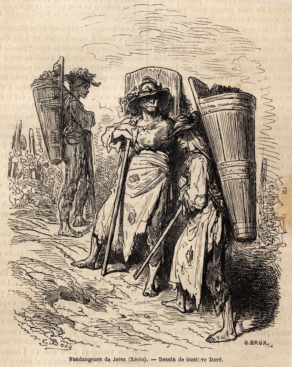 ゼレスの収穫人たち。Gustave Dore (1832-1883)が1862年にCh.Davillierと行ったスペイン旅行を説明するために描いたもの。エドゥアール・シャルトン編『世界旅行』に掲載されている図版 作： ギュスターヴ・ドレ