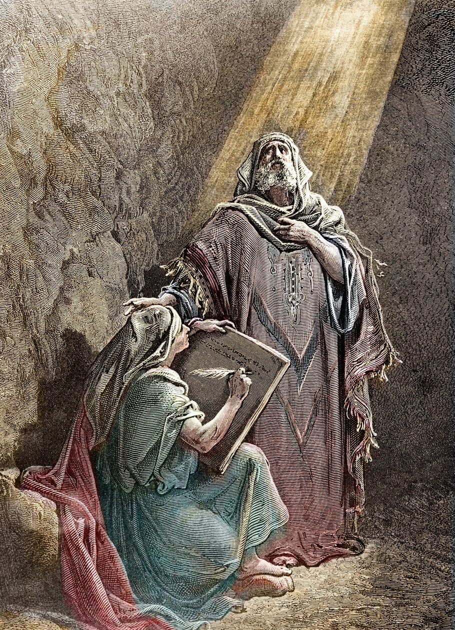 バルークに予言を口述する預言者エレミア Gustave Dore (18321883)の聖書からのPannemackerによる彩色彫刻