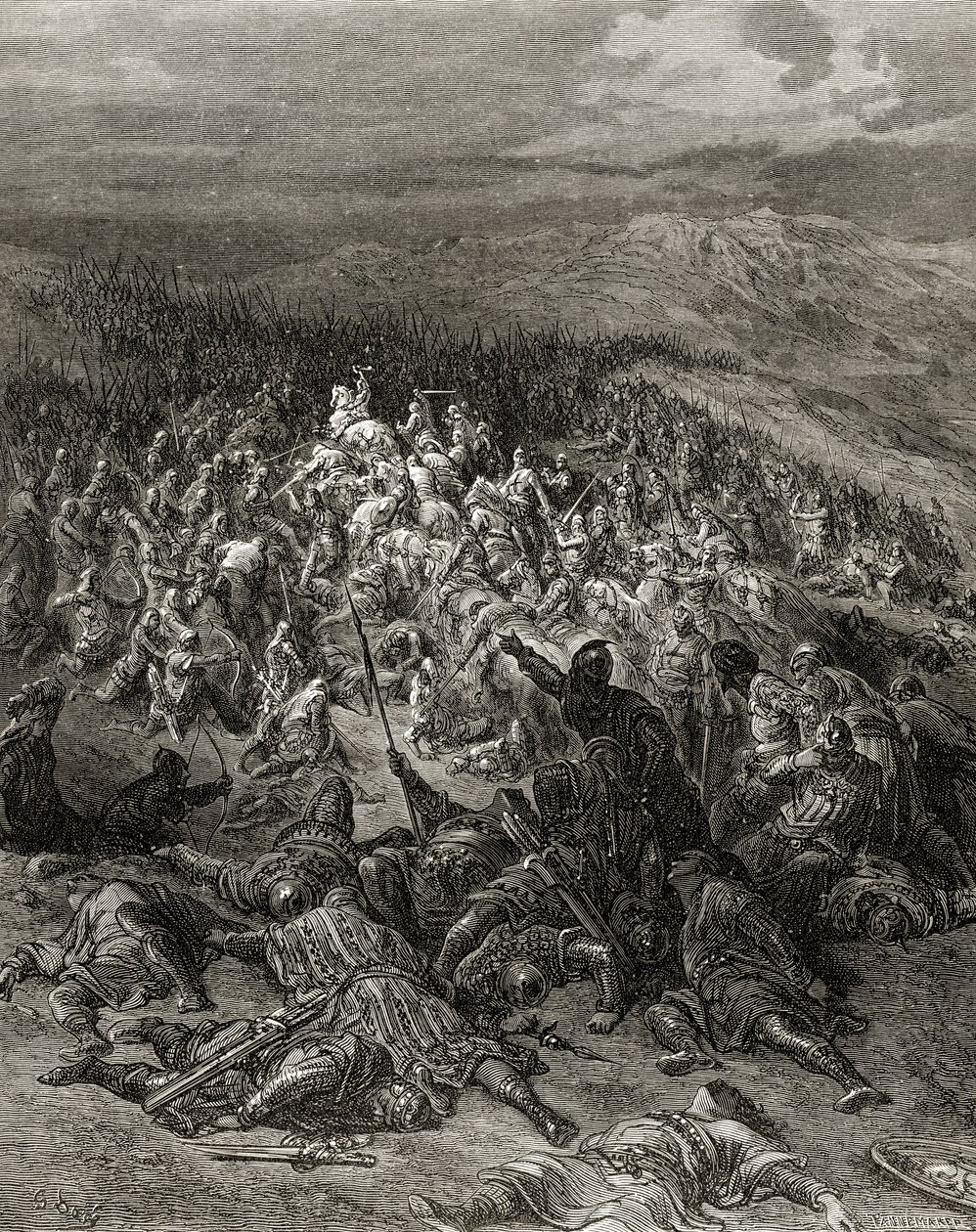 200人の騎士が2万人のサラセン人を攻撃します。これは、JFの「Bibliotheque des Croisades」のイラストです。ミショー、1877 作： ギュスターヴ・ドレ