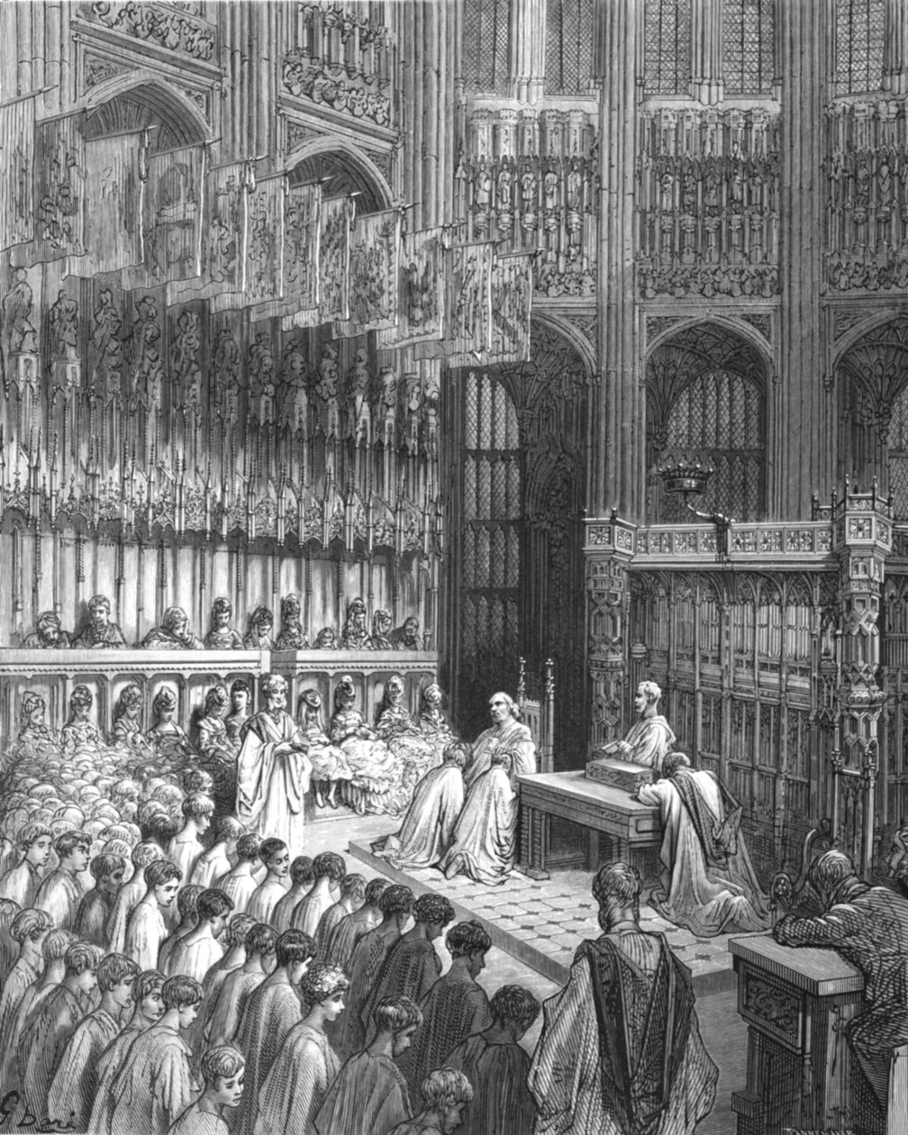 「ウェストミンスター寺院 - ウェストミンスター ボーイズの確認」、1872 年。 作： ギュスターヴ・ドレ