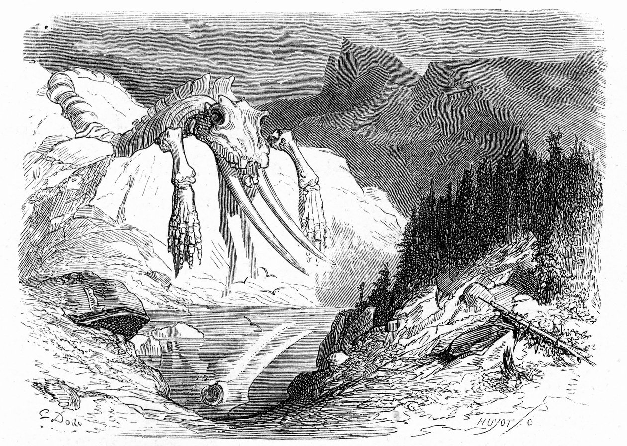 1850年頃のギュスターヴ・ドーレの版画：黙示録的な大洪水の後、様々な怪獣が山に落下した様子を想起させる。イポリット・テーヌの著書『ピレネーへの旅』の挿絵。 作： ギュスターヴ・ドレ
