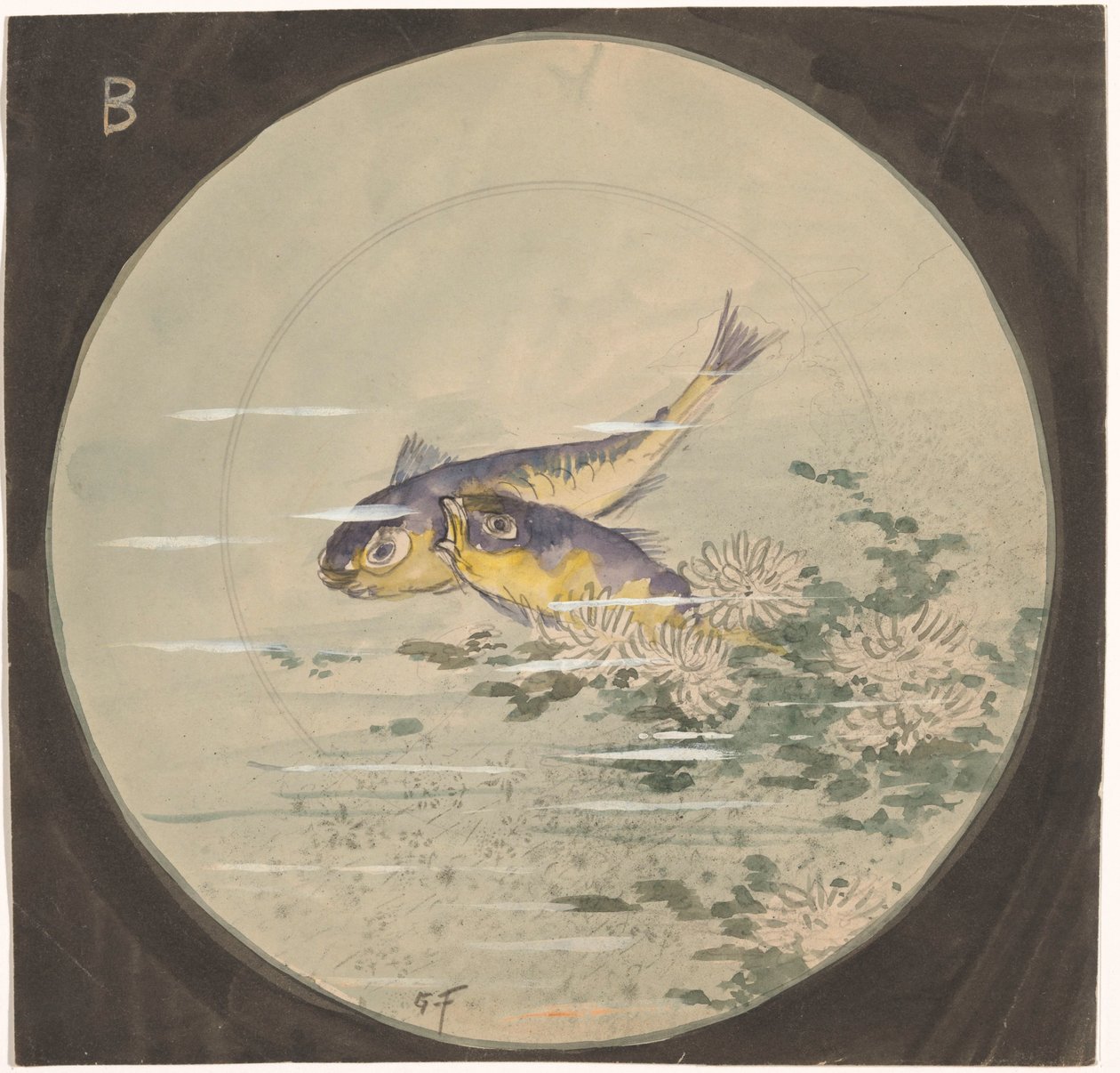 睡蓮の近くに 2 匹の青黄色の魚が描かれたお皿のデザイン 作： ギュスターヴ・フレポン（アーティストによる署名）