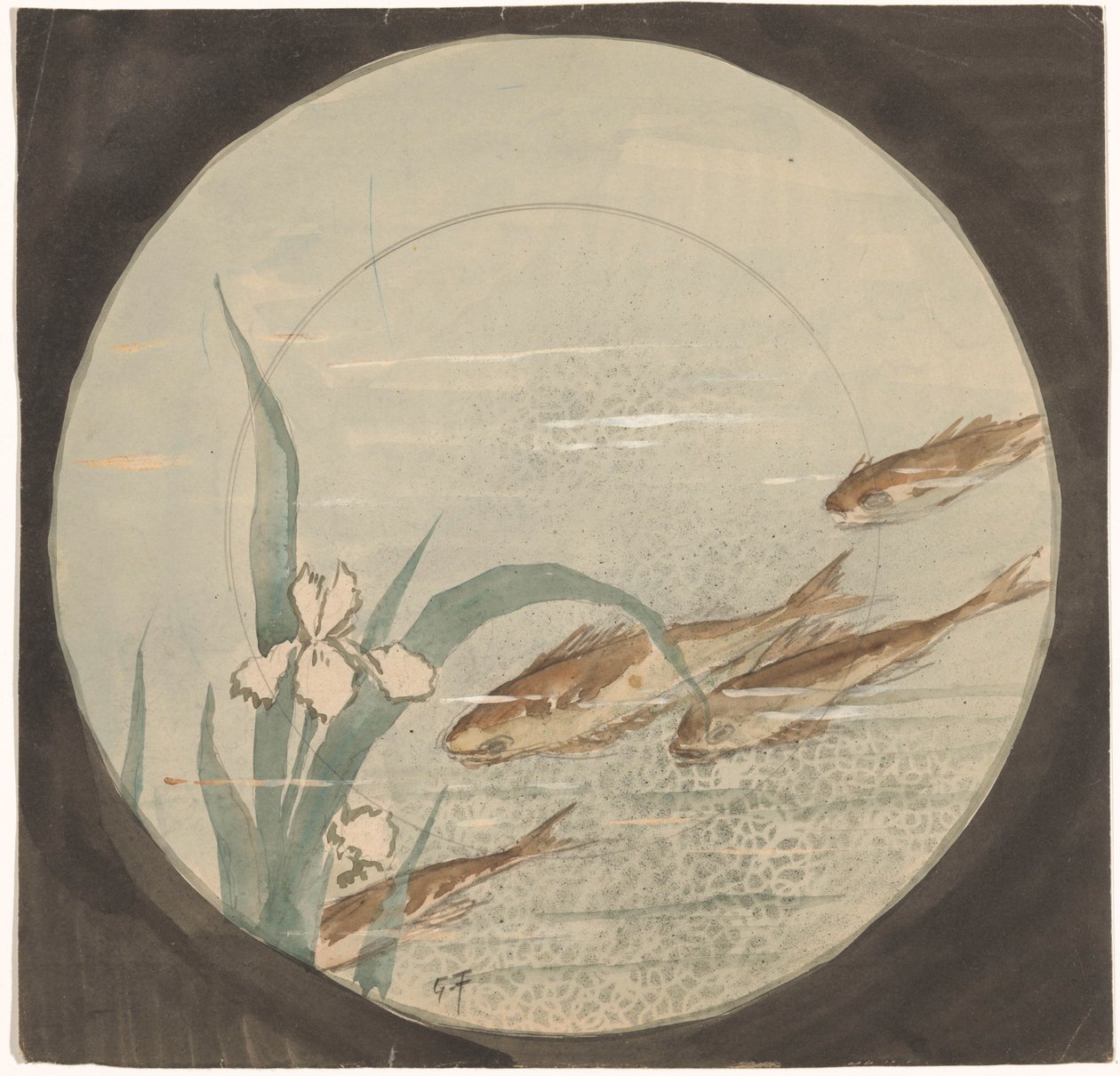 白い菖蒲に対して 4 匹の茶色の魚が泳いでいるプレートのデザイン 作： ギュスターヴ・フレポン（アーティストによる署名）