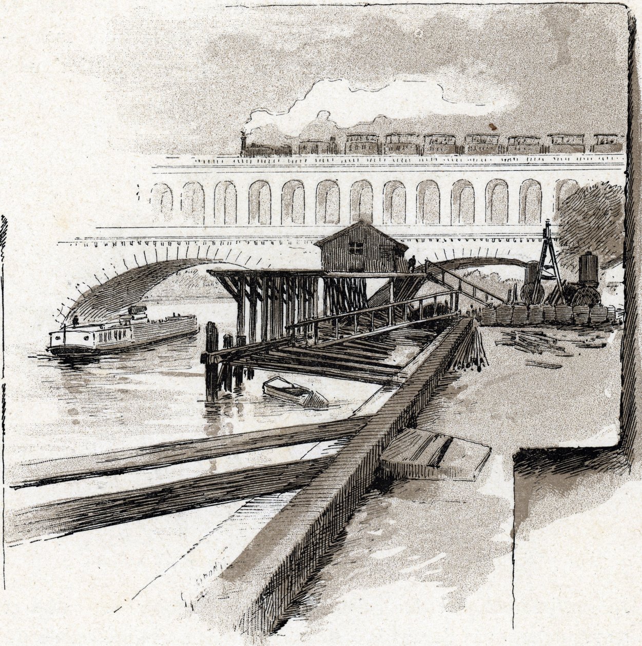 Le viaduct du point du Jour, Boulogne-Billancourt (ブローニュ ビヤンクール、ポワン デュ ジュール地区の高架橋の眺め) ギュスターヴ フライポン (1849-1923) によるサン ジュワールの絵 作： ギュスターヴ・フライポント