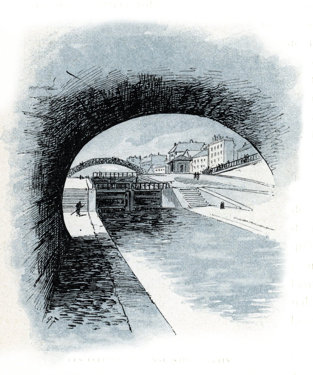 Les ecluses du canal saint Martin, paris (パリ、サン マルタン運河の閘門の眺め) ギュスターヴ フライポン (1849-1923) によるデッサンは、サン ジュワールの「La seine a travers Paris」からの抜粋です。 作： ギュスターヴ・フライポント